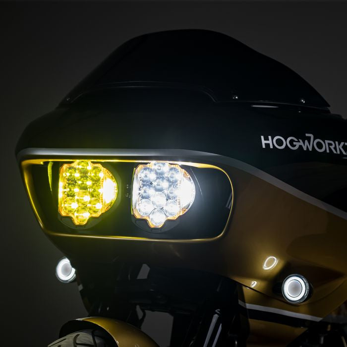 Lit amber and white in a black shark-nose fairing - HOGWORKZ Sabertooth Performance LED Headlight HW167010